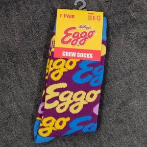 NEW Kelloggs Eggo Crew Socks Adult Shoe Size 6-13 Purple Yellow Blue Fun Novelty
